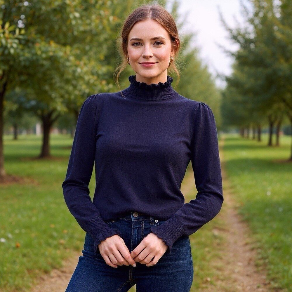 Who What Wear Black Slim Turtle Neck Ruffled Long Sleeved Sweater Womens Large